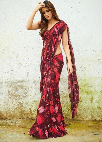 Wine maroon georgette floral printed ruffle saree