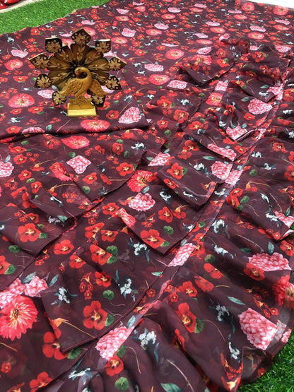 Wine maroon georgette floral printed ruffle saree