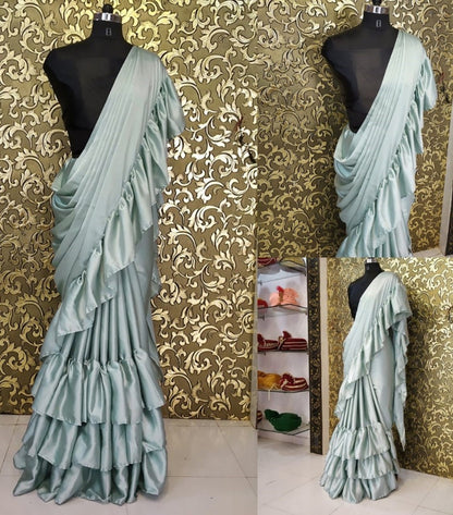 wine maroon satin partywear ruffle saree