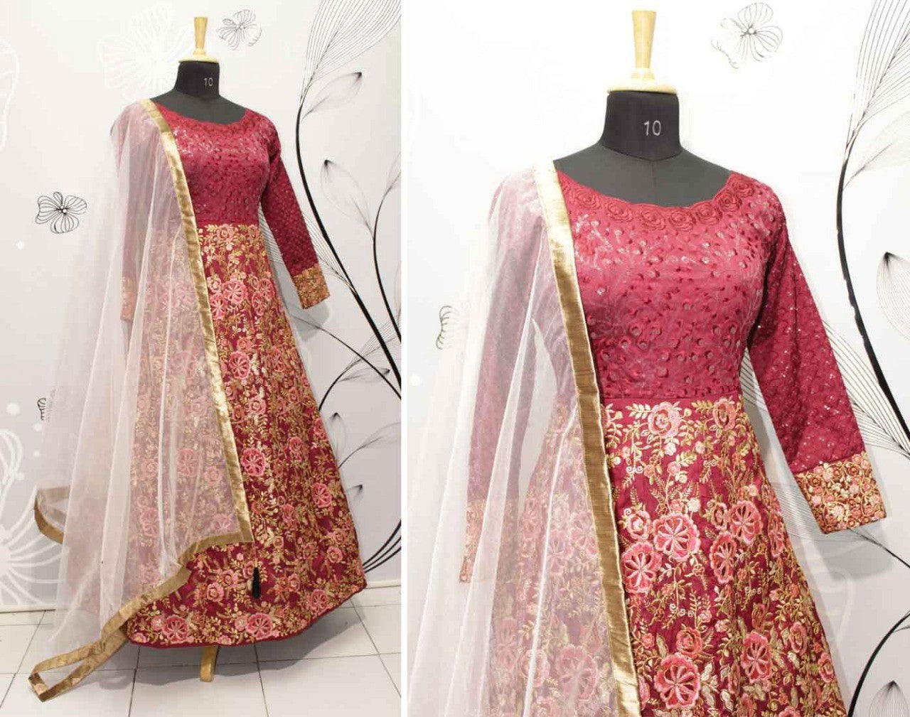 Wine maroon thai silk heavy embroidered ceremonial gown