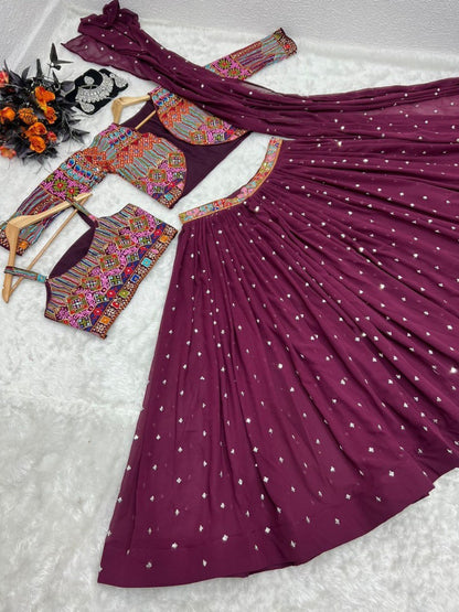 Wine multi color embroidery work lehenga choli with jacket