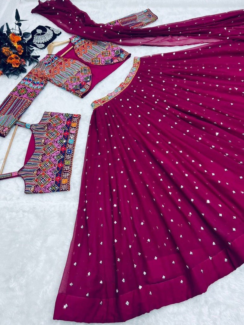 Wine multi color embroidery work lehenga choli with jacket