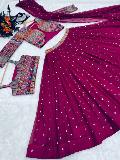 Wine multi color embroidery work lehenga choli with jacket