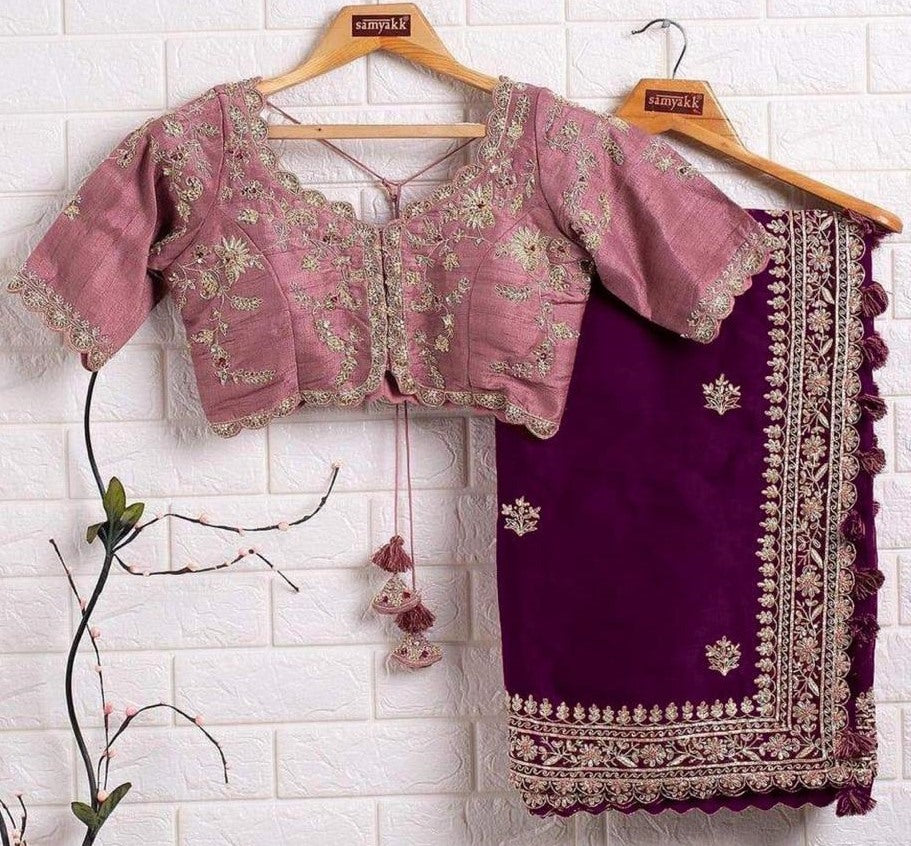 Wine organza cording sequence work designer saree