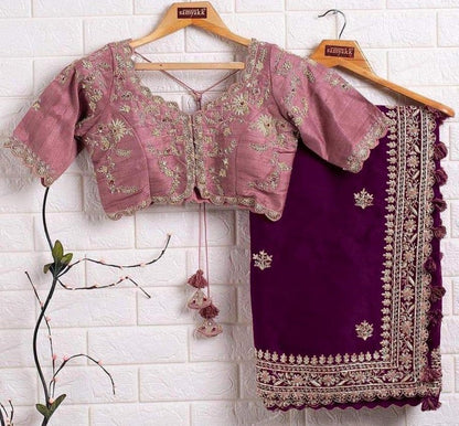 Wine organza cording sequence work designer saree