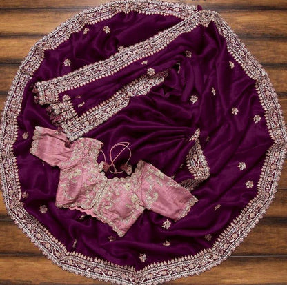 Wine organza cording sequence work designer saree