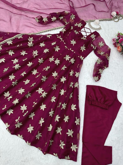 Wine organza thread work anarkali suit