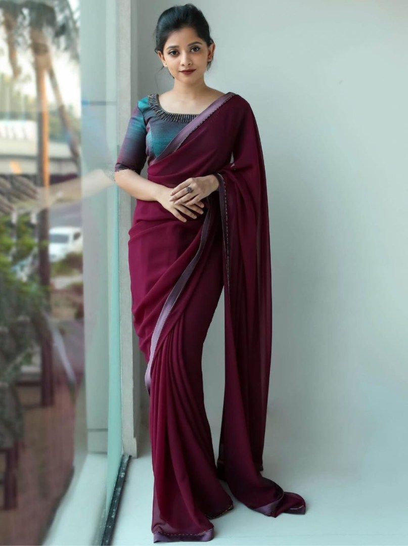 Wine pure georgette plain saree with handwork blouse