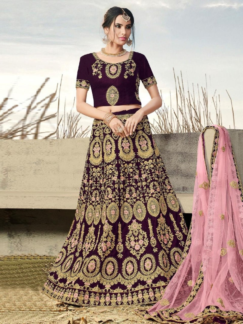 Wine purple velvet heavy embroidered wedding lehenga choli