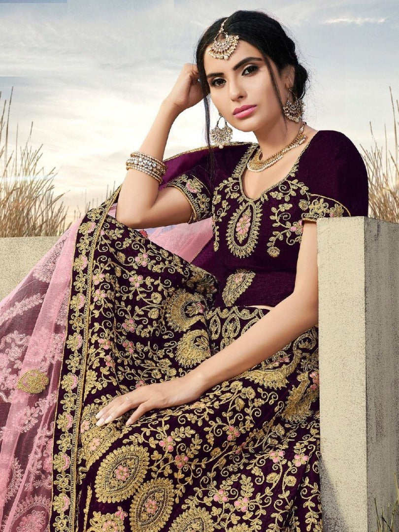 Wine purple velvet heavy embroidered wedding lehenga choli
