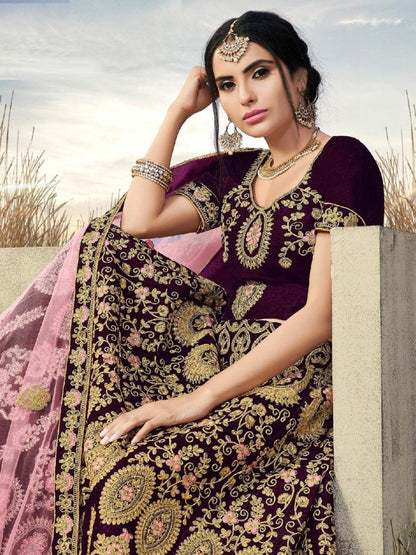 Wine purple velvet heavy embroidered wedding lehenga choli