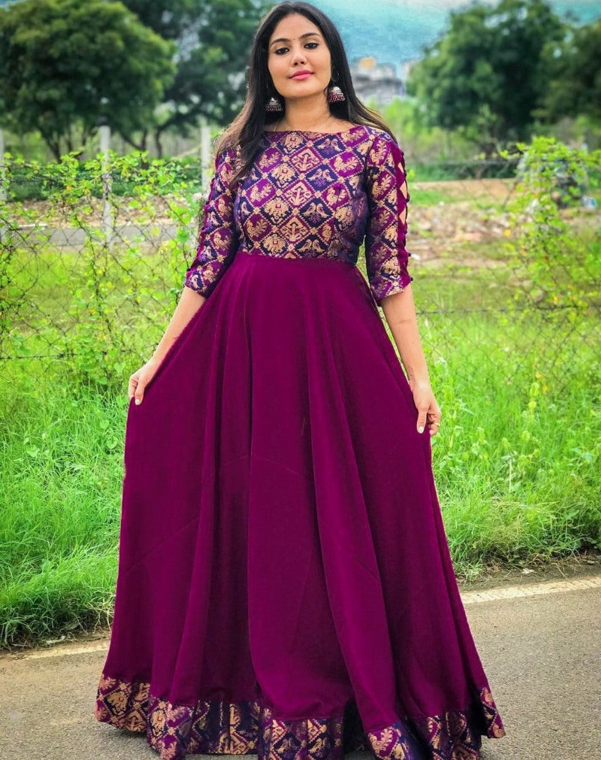 Wine rangoli silk party wear gown