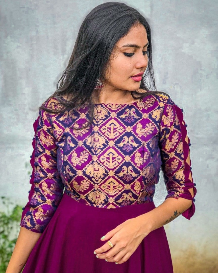 Wine rangoli silk party wear gown