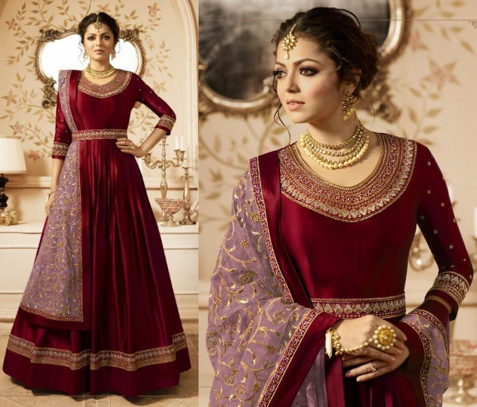 wine red heavy linen satin styslit long anarkali suit