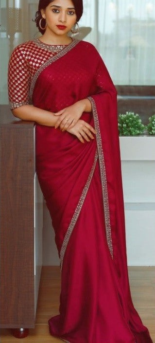 Wine red malai georgette silk partywear saree