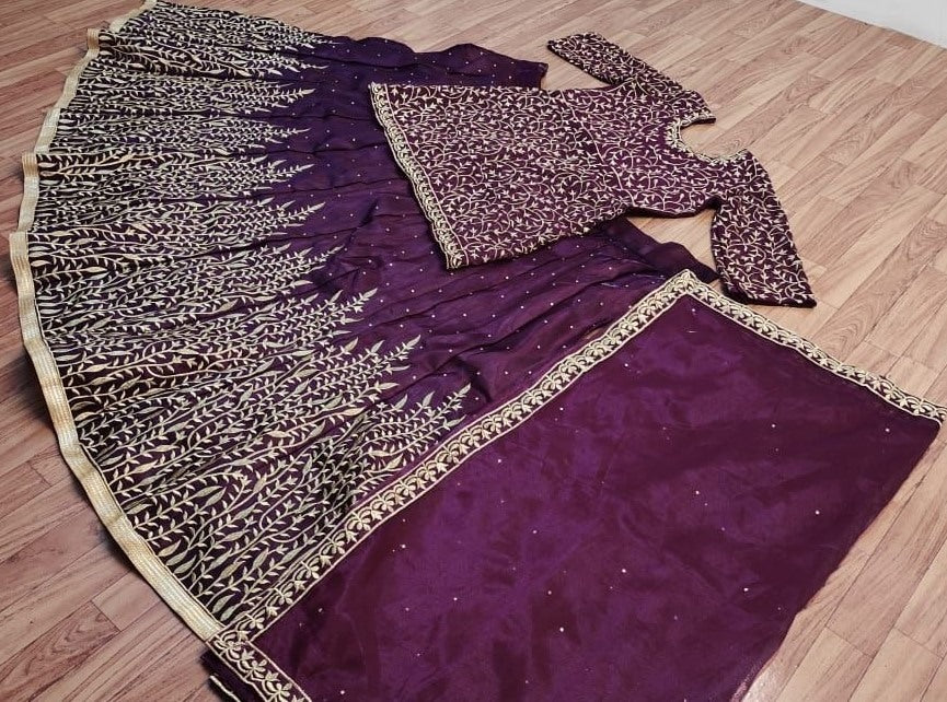 Wine satin banglory embroidered and stone work wedding lehenga choli