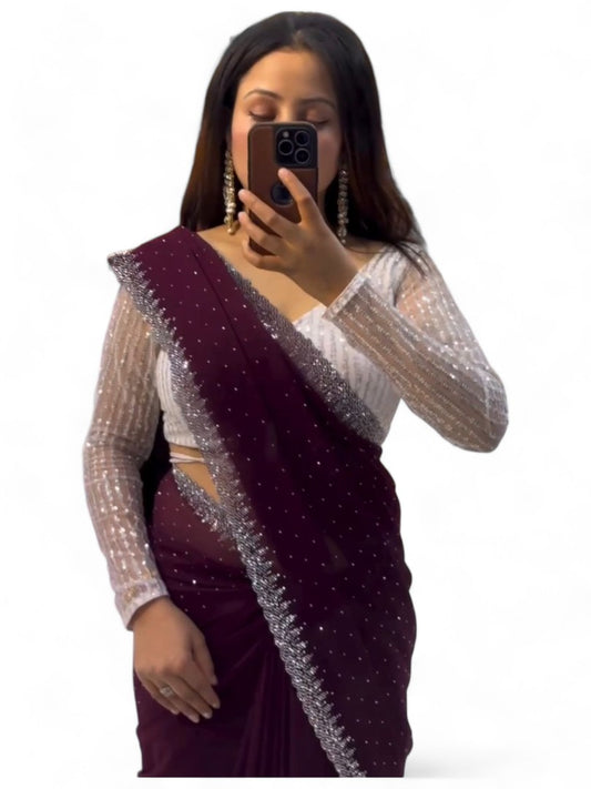 Wine shiny hot fix work party wear saree