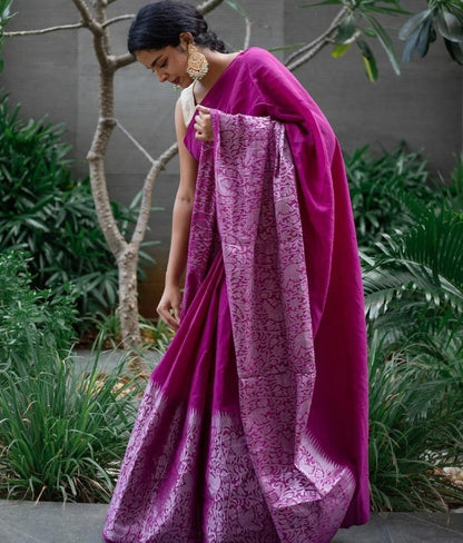 Wine soft lichi silk jacquard weaving border work saree