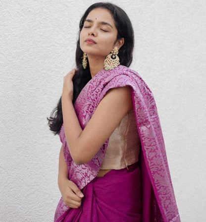 Wine soft lichi silk jacquard weaving border work saree