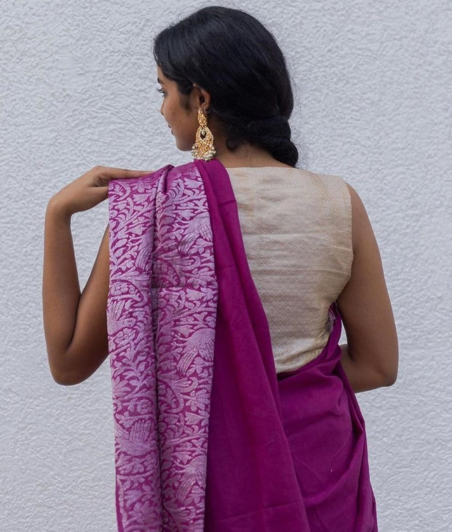 Wine soft lichi silk jacquard weaving border work saree