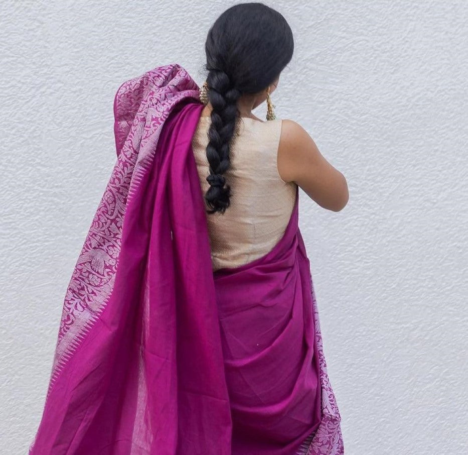 Wine soft lichi silk jacquard weaving border work saree