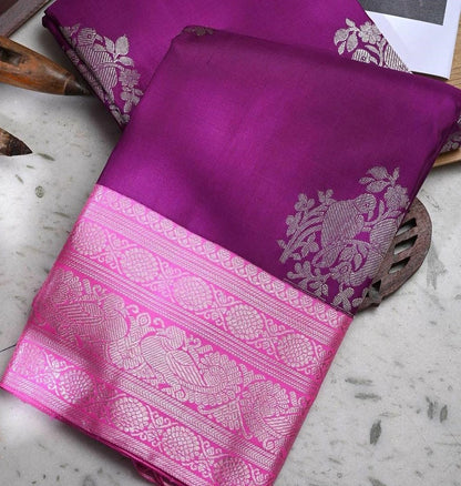 Wine soft lichi silk jacquard weaving border work saree