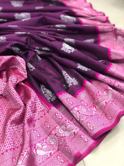 Wine soft lichi silk jacquard weaving border work saree