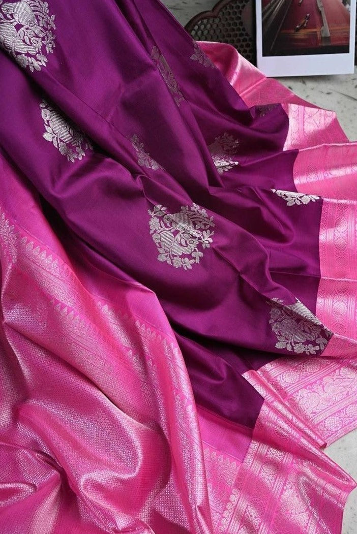 Wine soft lichi silk jacquard weaving border work saree