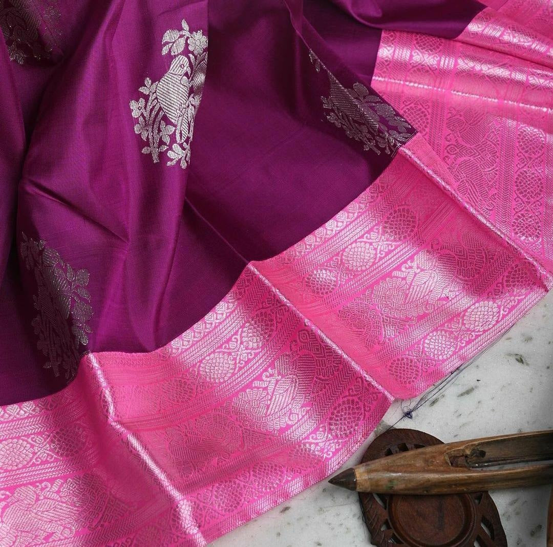 Wine soft lichi silk jacquard weaving border work saree