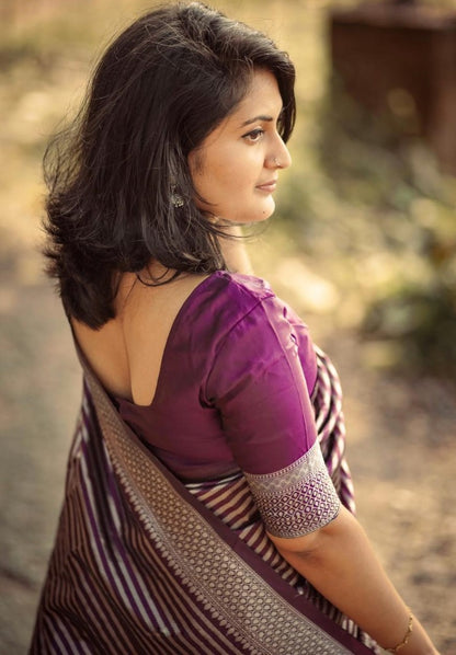 Wine soft lichi silk jacquard weaving work saree