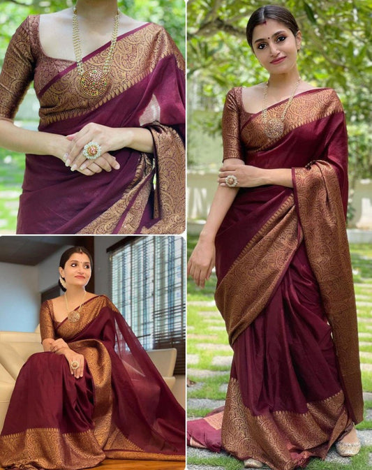 Wine soft lichi silk jacquard weaving work wedding saree