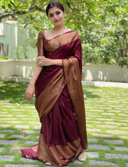Wine soft lichi silk jacquard weaving work wedding saree