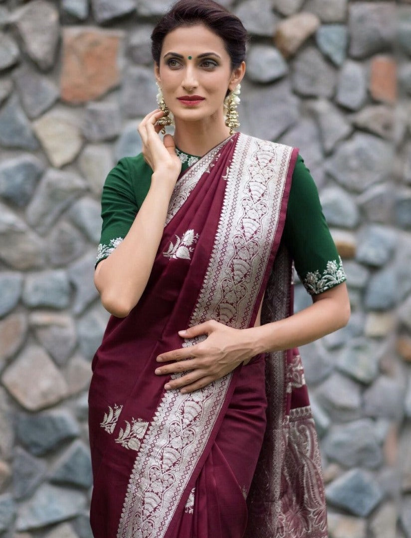 Wine soft lichi silk jacquard work saree