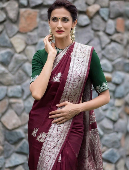 Wine soft lichi silk jacquard work saree