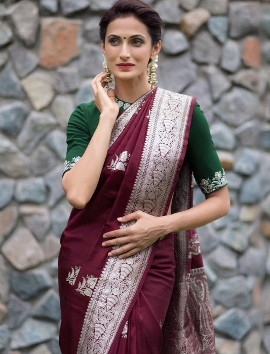 Wine soft lichi silk jacquard work saree