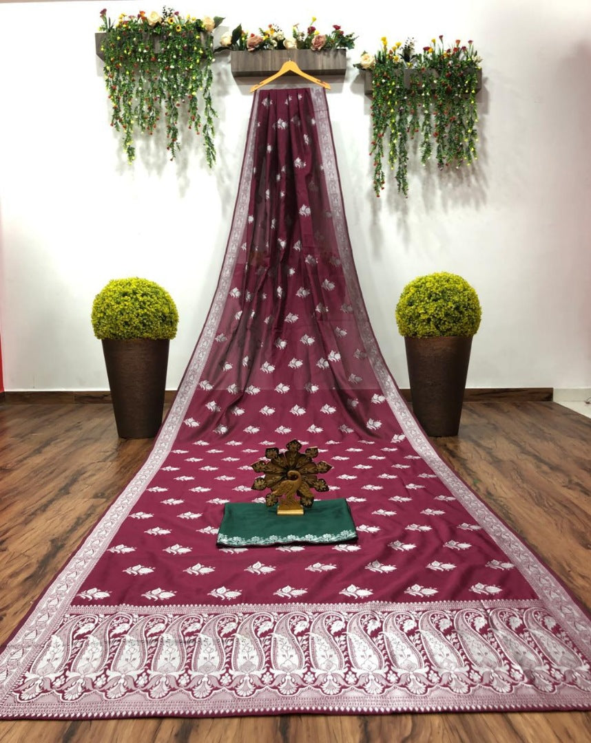 Wine soft lichi silk jacquard work saree