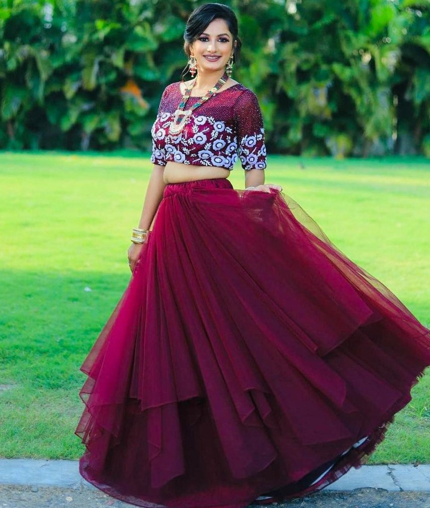 Wine soft net sequence embroidered work lehenga choli