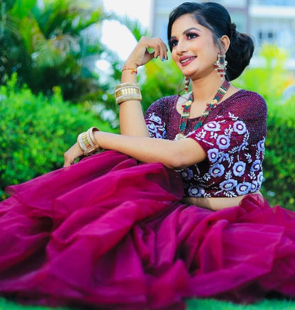 Wine soft net sequence embroidered work lehenga choli