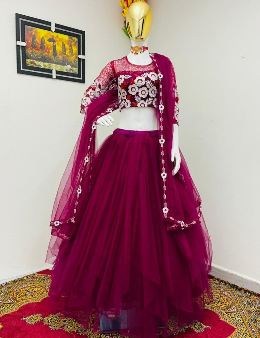 Wine soft net sequence embroidered work lehenga choli