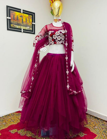 Wine soft net sequence embroidered work lehenga choli