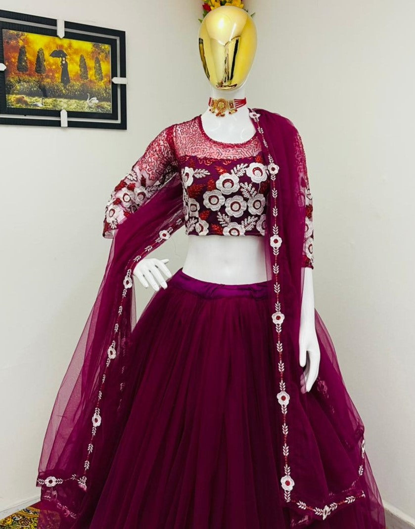Wine soft net sequence embroidered work lehenga choli