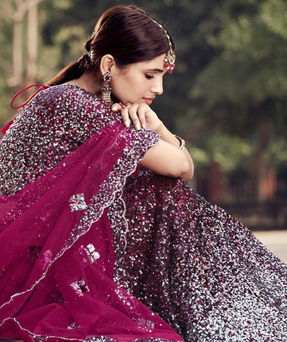 Wine soft net sequence work bridal lehenga choli