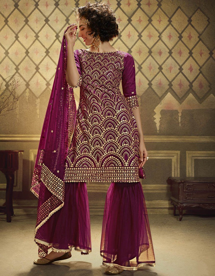 Wine soft net sequence work party wear sharara salwar suit