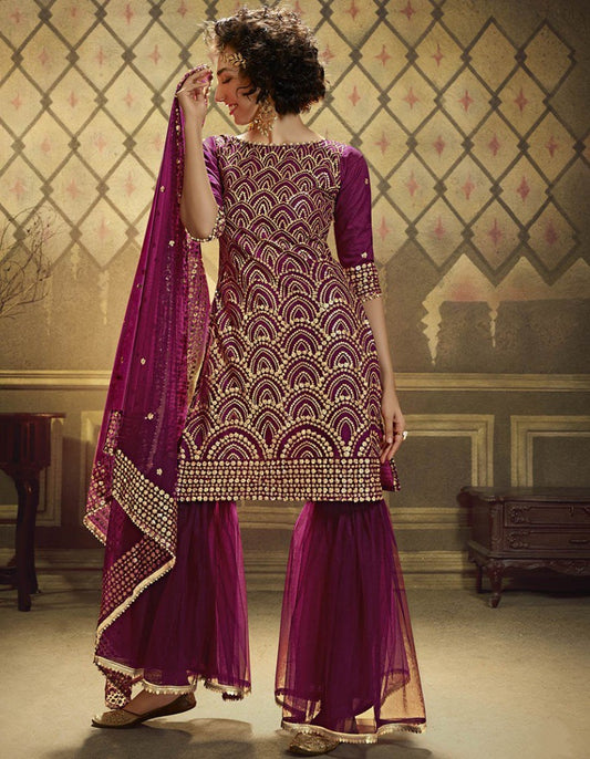 Wine soft net sequence work party wear sharara salwar suit