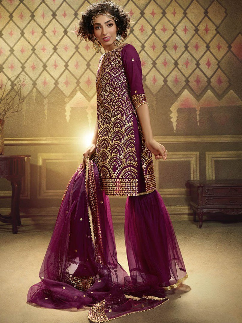 Wine soft net sequence work party wear sharara salwar suit