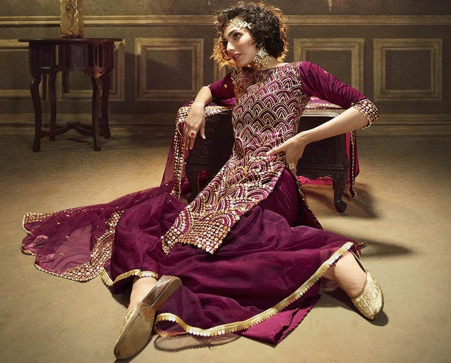 Wine soft net sequence work party wear sharara salwar suit