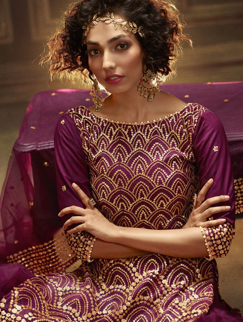 Wine soft net sequence work party wear sharara salwar suit