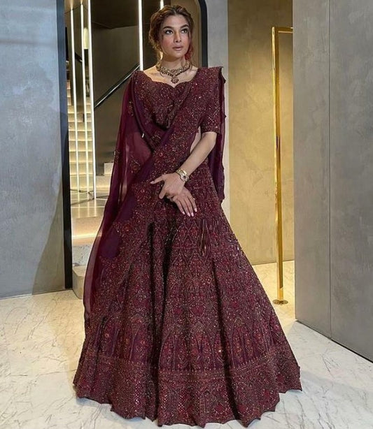 Wine taffeta heavy chainstitched work lehenga choli
