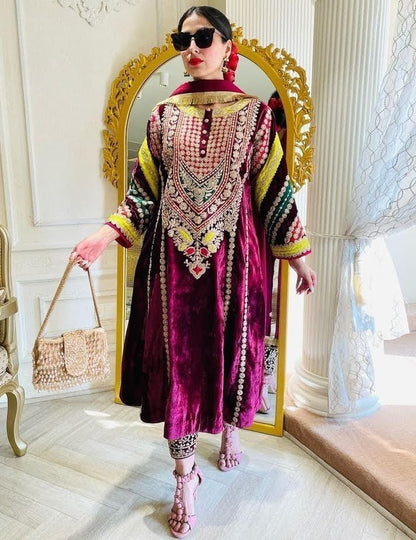 Wine velvet heavy embroidery work salwar suit