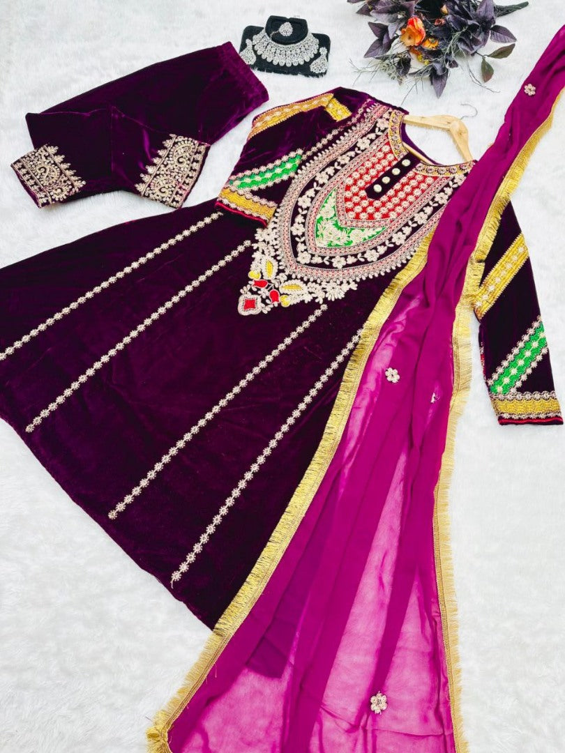 Wine velvet heavy embroidery work salwar suit